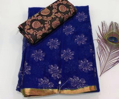 SiyaramHub Printed Bollywood Silk Blend, Chiffon Saree(Blue)