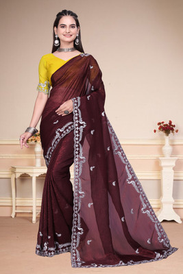 Infyshopy Fashions Self Design, Embroidered, Solid/Plain, Dyed Bollywood Georgette Saree(Purple)