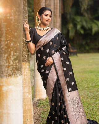 MIRMAN Striped Banarasi Pure Silk Saree(Black)
