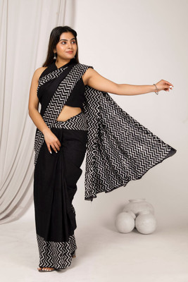 Craftmusium Printed Daily Wear Pure Cotton Saree(Black)