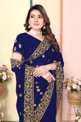 KHRITI FAB Embroidered Bollywood Georgette Saree(Dark Blue)