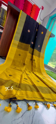 sdn Printed Handloom Pure Cotton Saree(Yellow, Black)