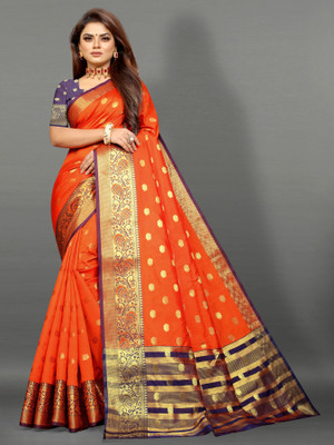 Sellzino Paisley Assam Silk Cotton Silk, Silk Blend Saree(Orange)