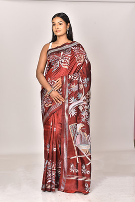 Ramshyam Collection Woven Kantha Pure Silk Saree(Maroon)