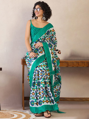 Anouk Rustic Printed Pre Draped Saree Cotton Blend Saree(White)