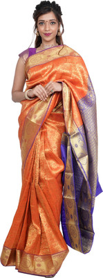 Kaàlors Woven Kanjivaram Silk Blend Saree(Blue, Orange)