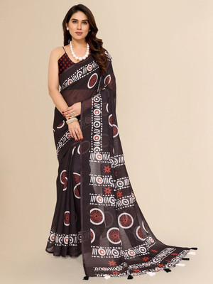 Moda Rapido Printed Bollywood Linen Saree(Brown)