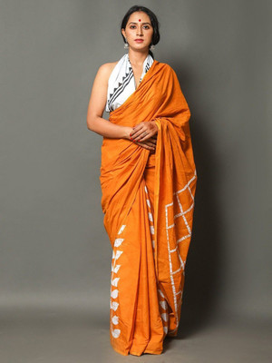 Soor Panchi Printed Bollywood Cotton Linen Saree(Orange)