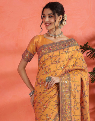 Satrani Woven, Embellished Banarasi Pure Silk Saree(Orange, Gold)