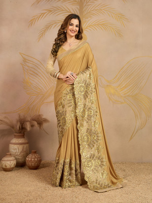 Trendmalls Embroidered Bollywood Lycra Blend Saree(Gold)