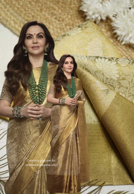 FKK Floral Print Banarasi Tissue Saree(Gold)