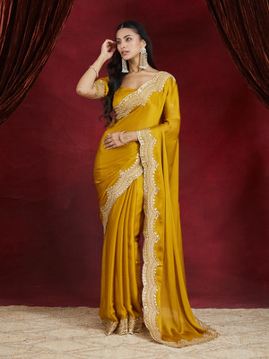 KASEE FASHION Solid/Plain, Embellished Bollywood Satin Saree(Yellow)