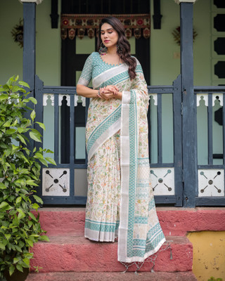 Bansari Textiles Printed Kanjivaram Cotton Blend Saree(Beige)