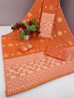 JIYANSHI SILK MILL Printed Mekhela Chador Cotton Blend, Jacquard Saree(Orange)