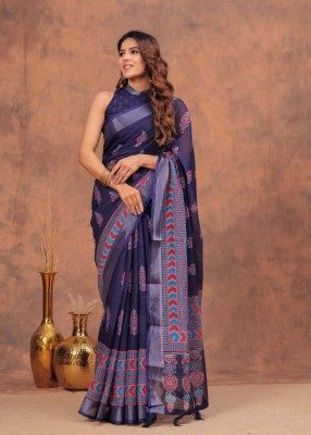 EMPIRE STYLE Digital Print Chanderi Cotton Linen Saree(Dark Blue)