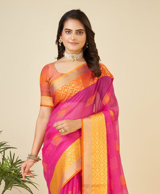 SICHYAH Woven Kota Doria Cotton Silk Saree(Pink)