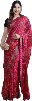 RAJGLOBAL Printed Bandhani Art Silk Saree(Red)