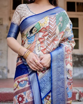 ALMAARI FASHION Printed Kalamkari Cotton Silk Saree(Multicolor)