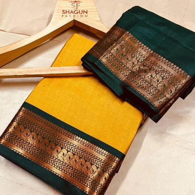 Bieth Woven, Striped, Solid/Plain Banarasi Cotton Silk, Jacquard Saree(Yellow)