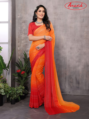 Anand Sarees Ombre, Solid/Plain, Self Design Bollywood Satin Saree(Orange, Red)