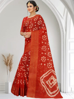 Grubstaker Printed Hand Batik Cotton Blend Saree(Red)