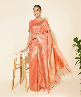 Janasya Woven, Self Design Chanderi Silk Blend Saree(Orange)