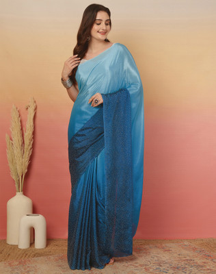 SIRIL Solid/Plain, Embellished Bollywood Satin, Silk Blend Saree(Blue)
