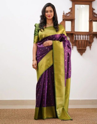 Samah Woven, Embellished, Self Design Banarasi Art Silk Saree(Purple, Green, Gold)