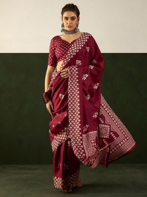 Sareemall Printed Hand Batik Cotton Blend Saree(Maroon)