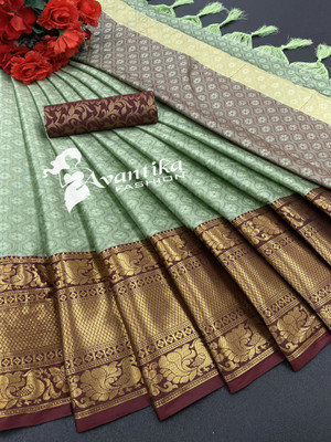 AVANTIKA FASHION Printed, Temple Border, Woven, Embellished, Solid/Plain Banarasi Art Silk, Cotton Silk Saree(Light Green)