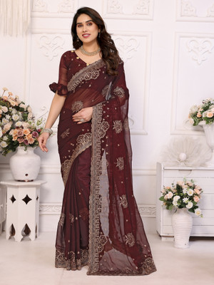 Moda Rapido Embroidered Bollywood Georgette, Silk Blend Saree(Brown)