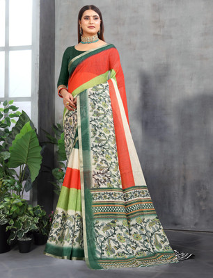 Mervadiya Printed Kanjivaram Pure Cotton, Cotton Linen Saree(Green)