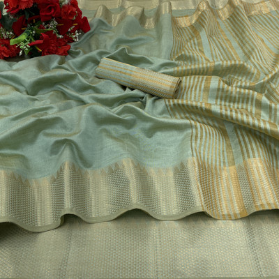 GOGAJI COLLECTION Temple Border, Woven Narayanpet Cotton Silk, Chanderi Saree(Light Green)
