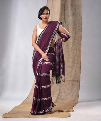 binita Embroidered Handloom Cotton Blend Saree(Purple, White)