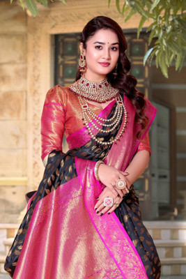jayant creation Self Design, Woven Banarasi Silk Blend, Jacquard Saree(Black)