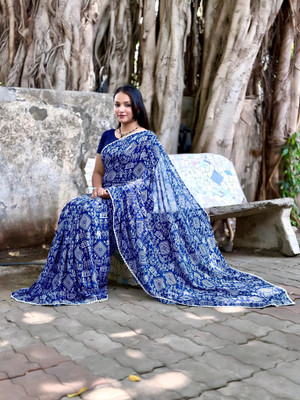 Laaksha Creation Printed Kalamkari Georgette Saree(Multicolor)