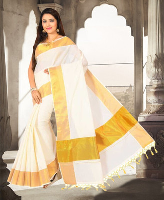GUGALIYA FASHION Solid/Plain Kasavu Pure Cotton Saree(Cream)