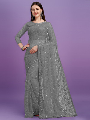 LOROFY Self Design Bollywood Net, Jacquard Saree(Grey)