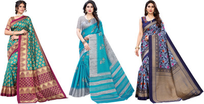 Nirvaan Woven Kanjivaram Art Silk Saree(Pack of 3, Blue, Grey)