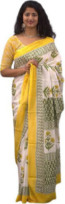 Tropwear Printed, Self Design, Digital Print, Hand Painted, Blocked Printed Ikkat Pure Cotton Saree(Yellow)