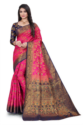 SHYAM TEX Embellished Kanjivaram Silk Blend, Jacquard Saree(Pink)