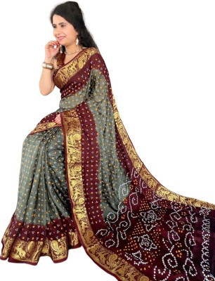 S M PATEL CO Printed Bandhani Art Silk, Viscose Rayon Saree(Grey, Maroon)