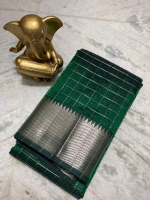 Zafreen Handloom Checkered, Woven Bhagalpuri Cotton Silk Saree(White)