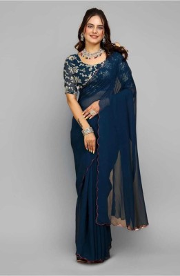 shivika creation Solid/Plain Bollywood Georgette Saree(Dark Blue)