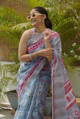 MIRCHI FASHION Printed, Floral Print Daily Wear Cotton Blend Saree(Light Blue, Pink, Blue)