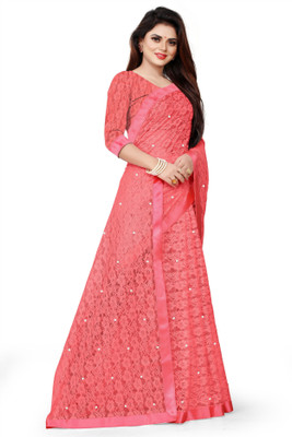 Verviza Embroidered Bollywood Net Saree(Pink)