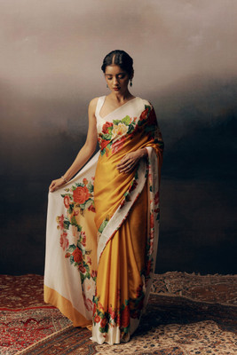 Bhavya Fashion Floral Print, Printed Bollywood Satin Saree(Yellow)