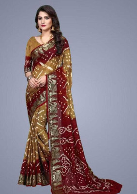 M.B.ENTERPRISE Printed Bandhani Art Silk Saree(Brown, Maroon)