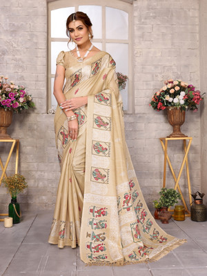 YASHIKA Printed Kalamkari Art Silk Saree(Brown)