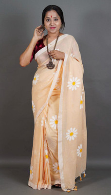 ANU INDIAN FASHION Printed, Floral Print Daily Wear Cotton Blend Saree(Cream)
